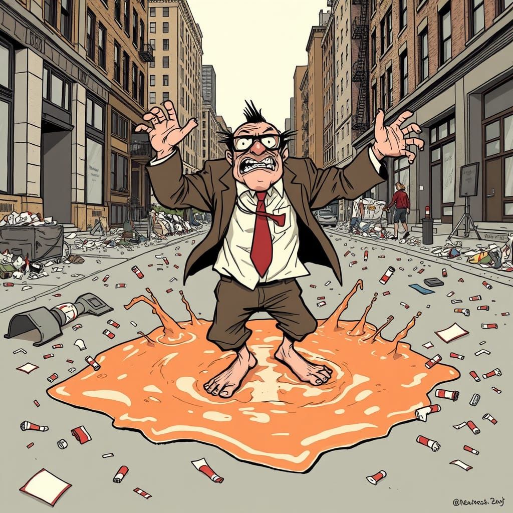 Man Struggles to Escape Sticky Situation in City Streets