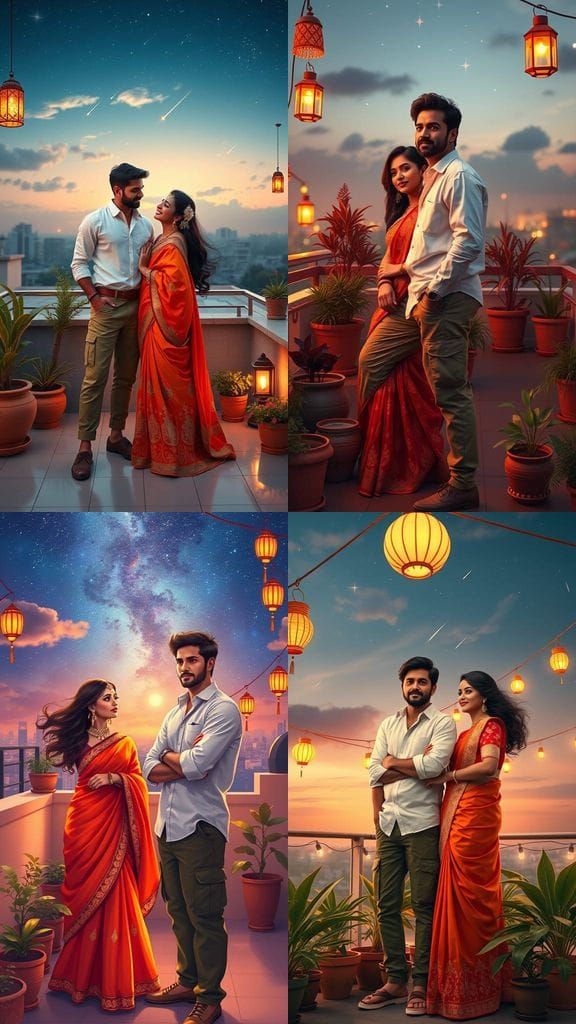 Romantic Rooftop Scene in Vibrant Bollywood Style