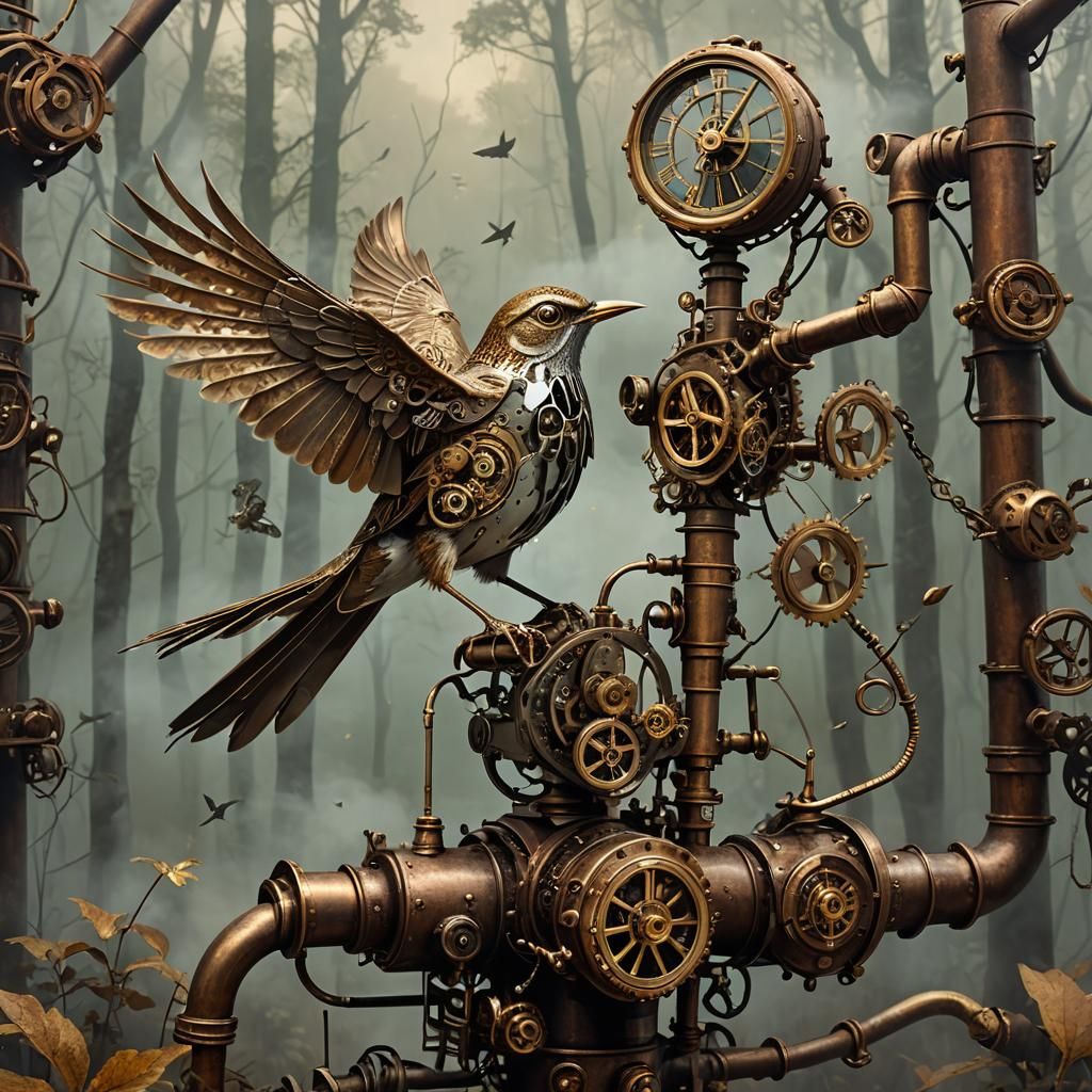 Clockwork Mockingbird Singing in Steampunk Forest