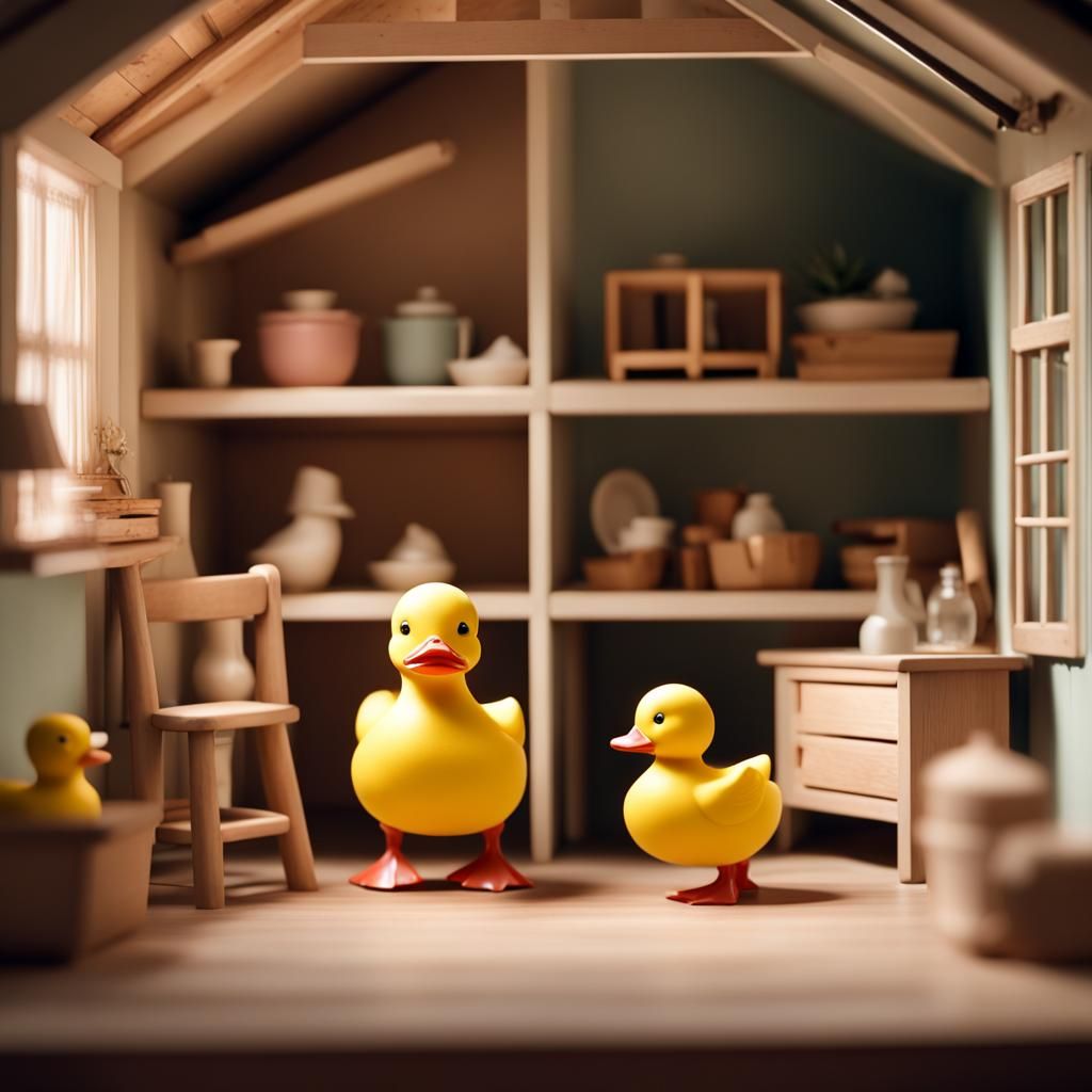 Wind-Up Toy Duck in Cute Dollhouse