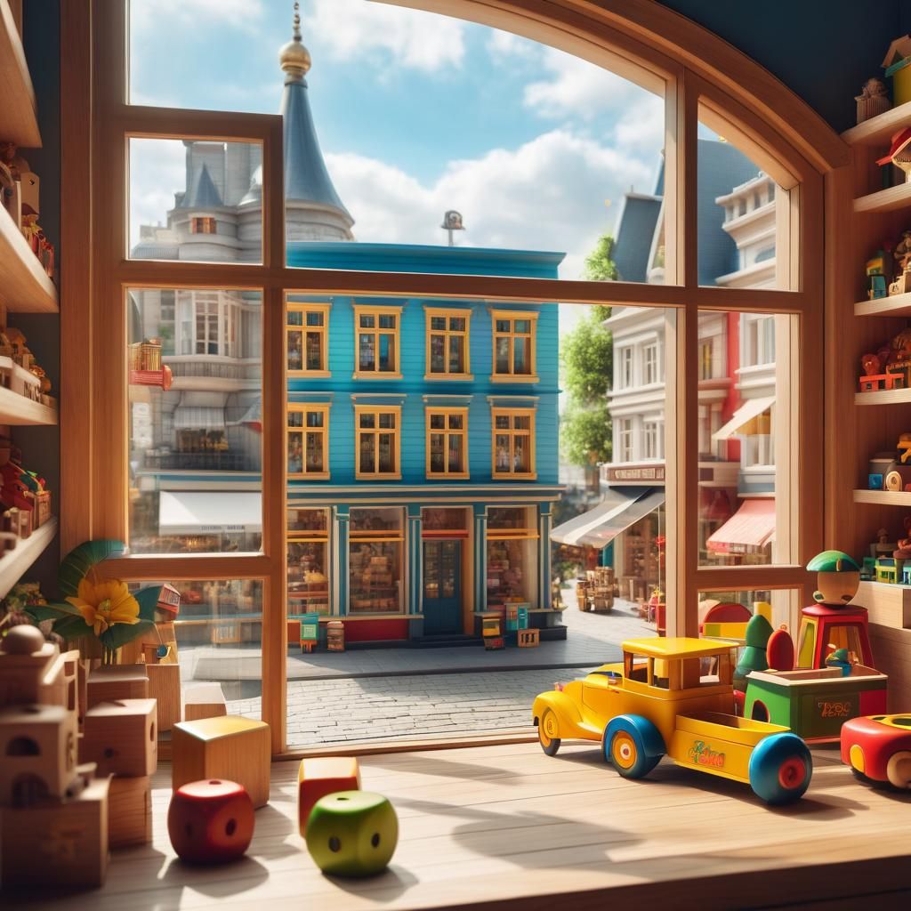 Store Window Displaying Detailed Wooden Toys