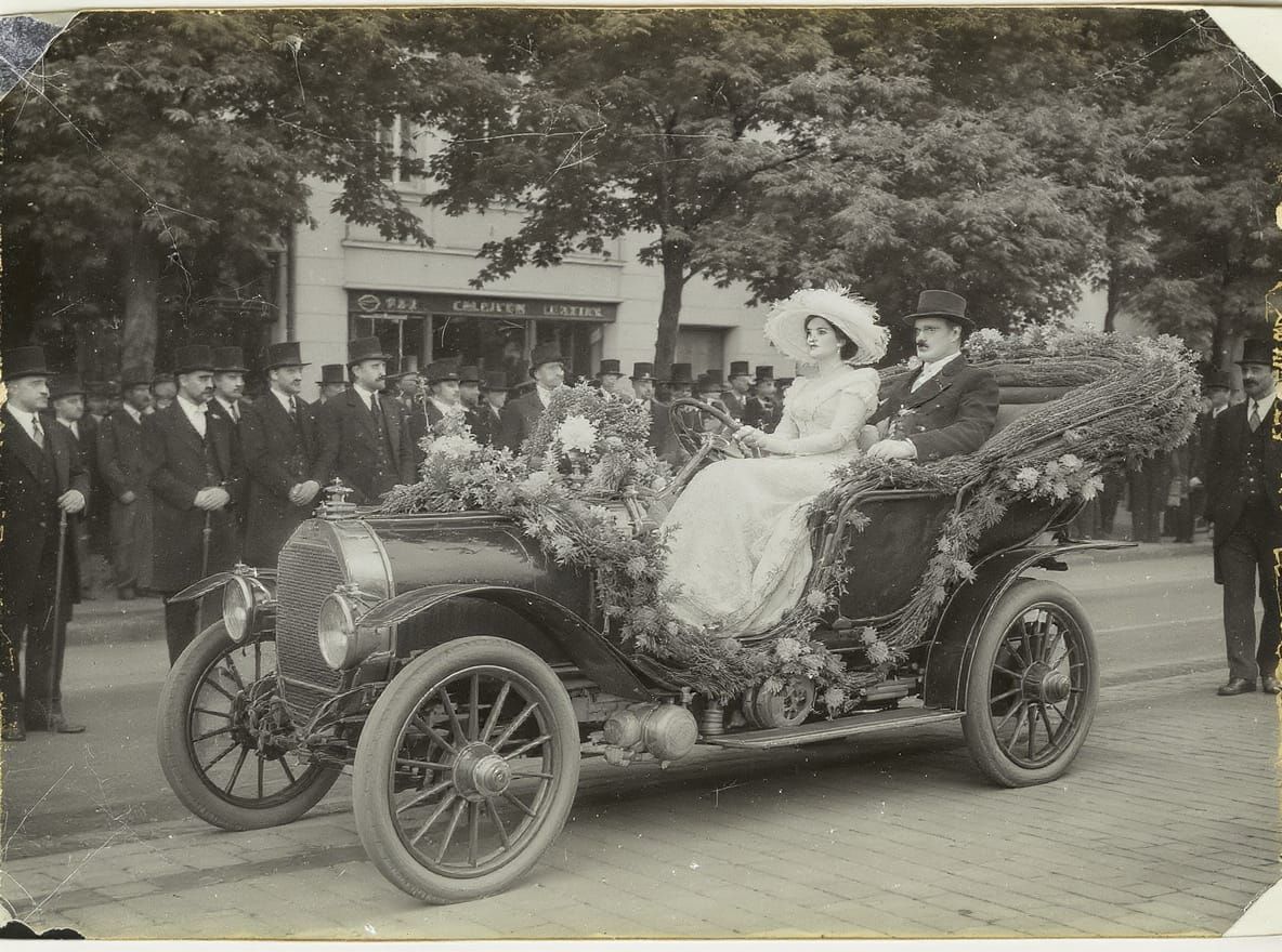 Vintage French Parade with Electric Car, Early 1900s