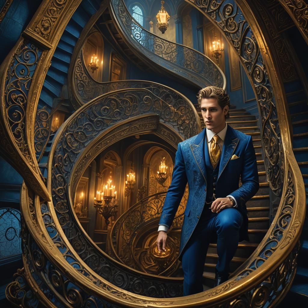 Man in Blue Suit Descending Staircase: Gothic Horror