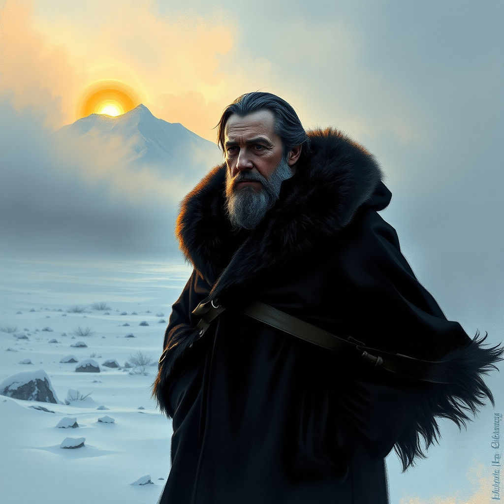 Portrait of Alan Rickman as Rasputin, Snowy Tundra, Alcohol Ink,
Smoky textures, Craig Mullins