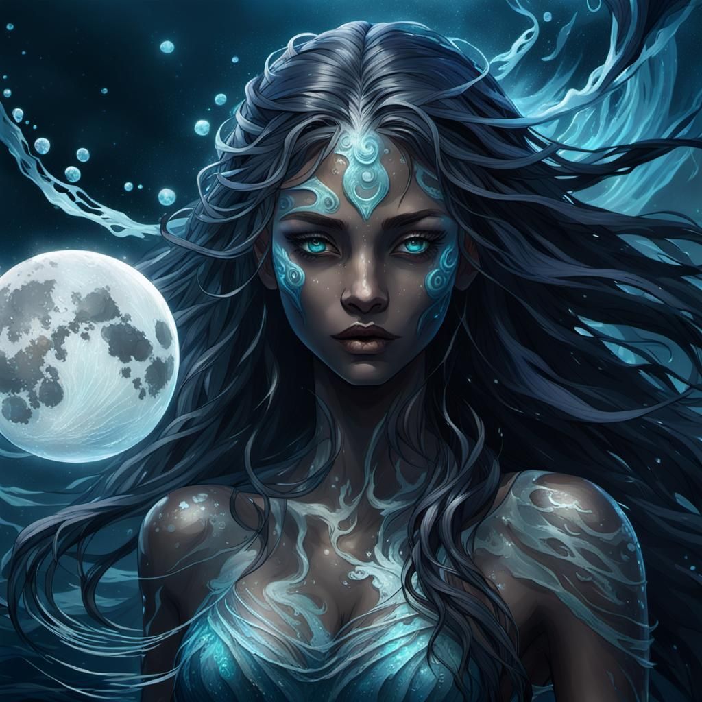 Moonlit Water Entity in Dark Fantasy Art Deco Style