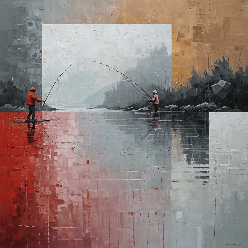 Fishermen in Abstract Glitchy Ukiyo-e Painting