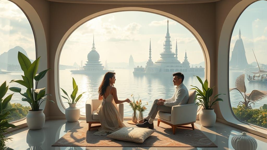 Serene Couple in Futuristic Lagoon, Ethereal Art