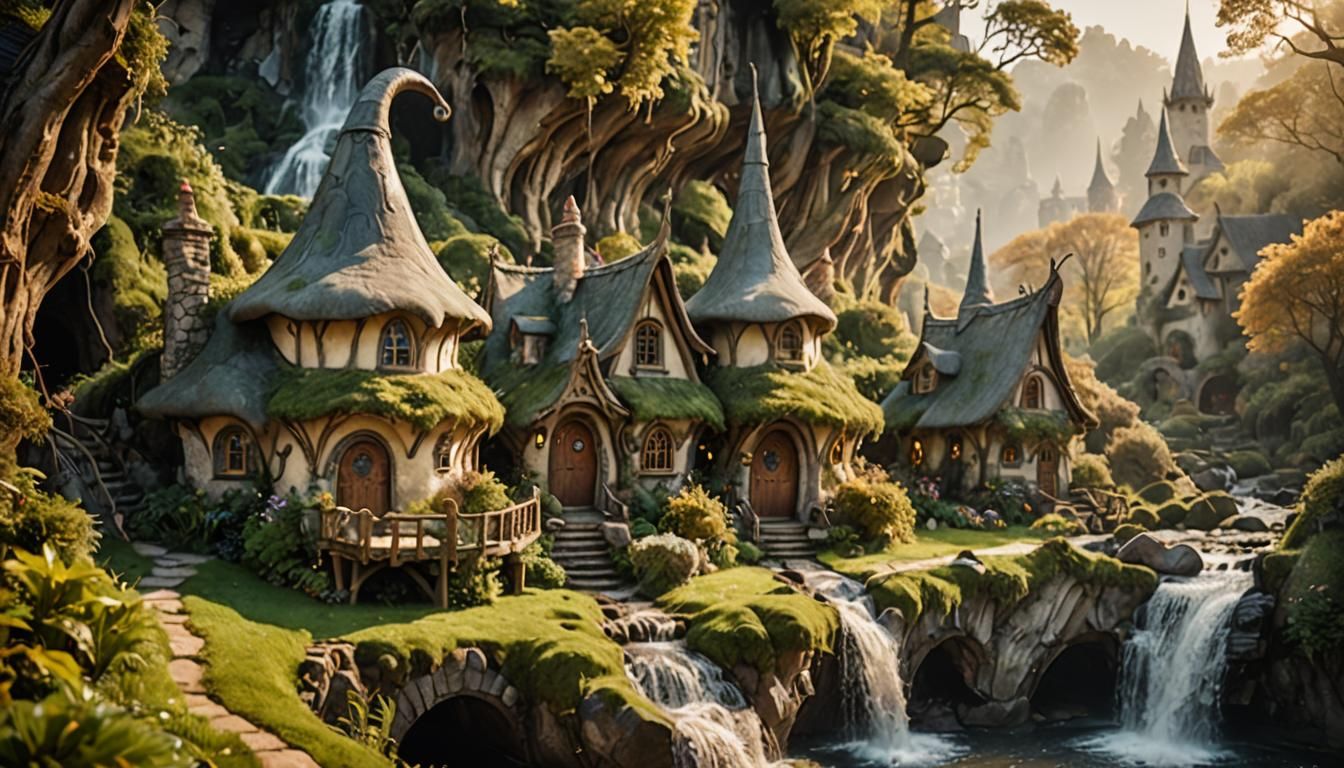 Enchanted Elven Village Waterfall: Arthur Rackham Style