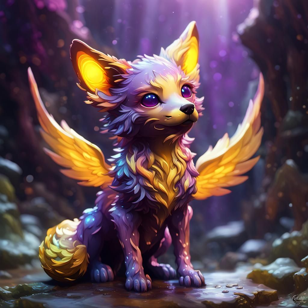 Rainbow Winged Slime Fox Pup in Dark Fantasy Art