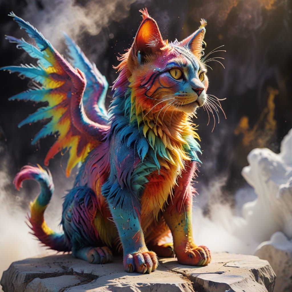 Vibrant Rainbow Cat-Dragon Majesty in Graffiti Art