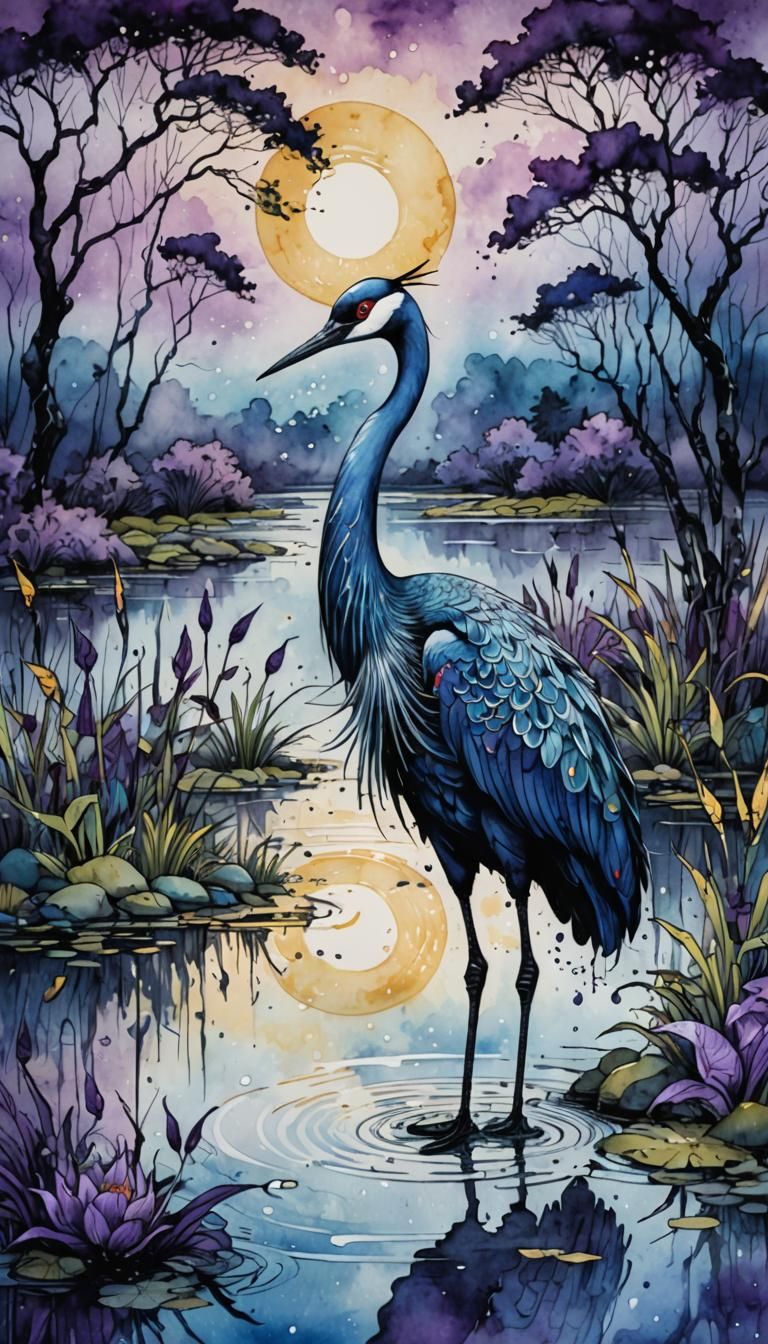 Asian Crane in Watercolor Ink Splash Art