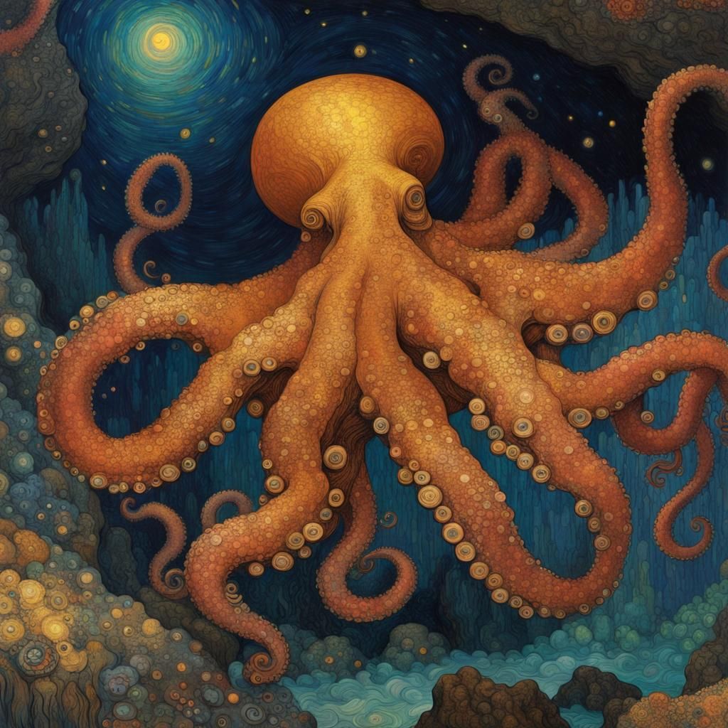 Octopus in Underwater Grotto: Klimt and Van Gogh Style
