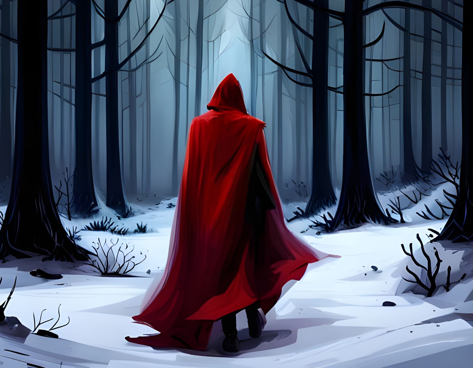 Red Cloak in Winter Forest: Hyperrealistic Digital Art