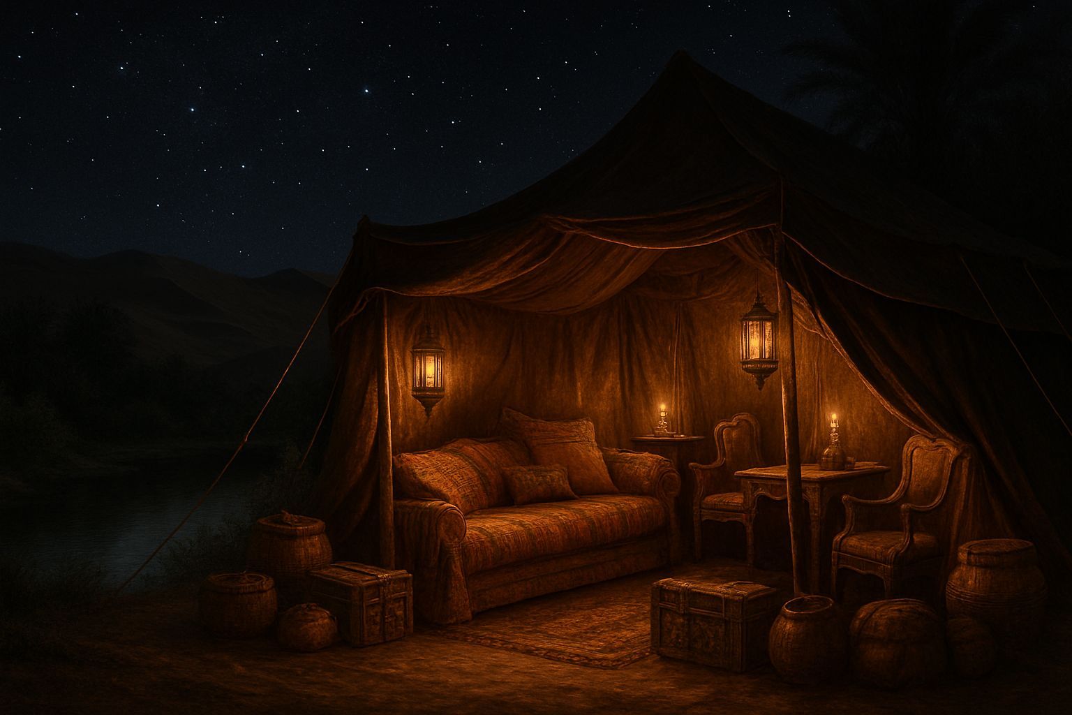 Cozy Desert Oasis Tent Under Starlight