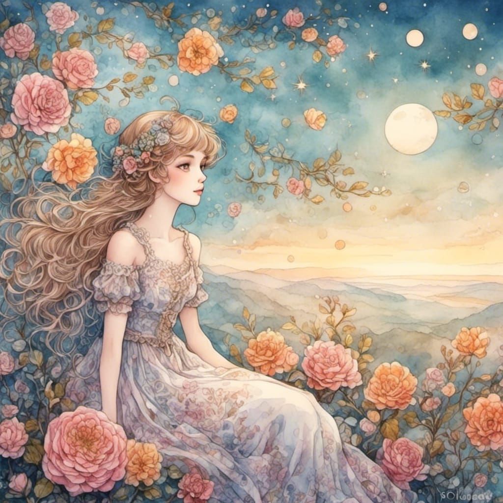 Anime Portrait of Woman Gazing at Stars