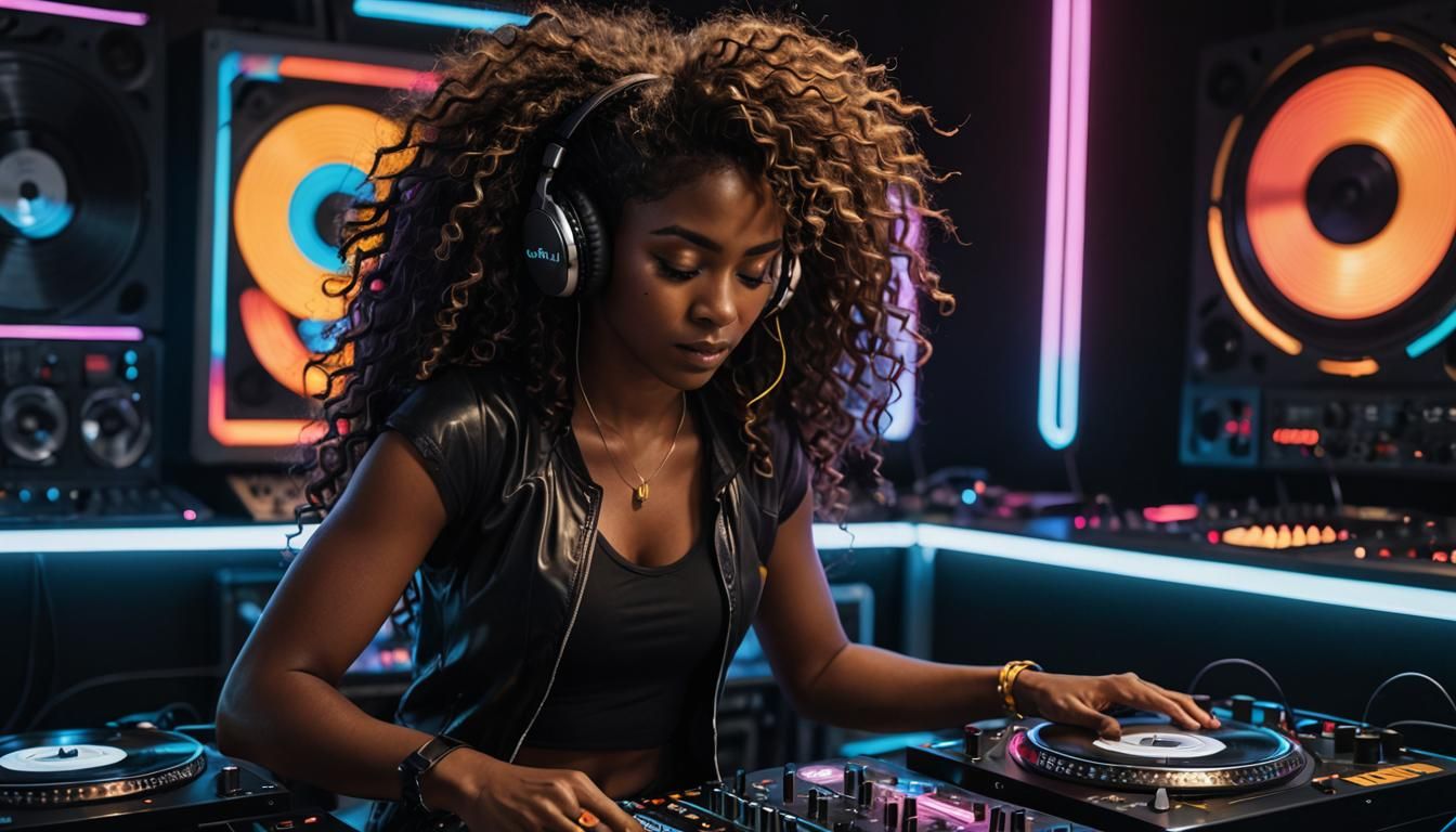 Woman DJ on Mountain Top in Hyperrealism Style