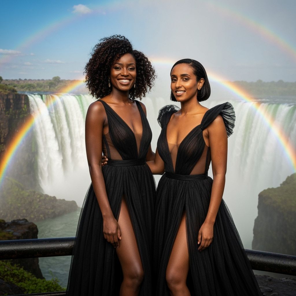 Victoria Falls Spectacle With Smiling Women in Couture