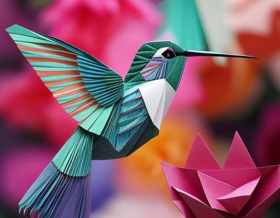 Intricate Origami Hummingbird and Flowers in Paper Art
