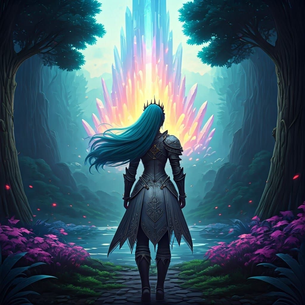 Woman in Armor at the Edge of Mystical Forest