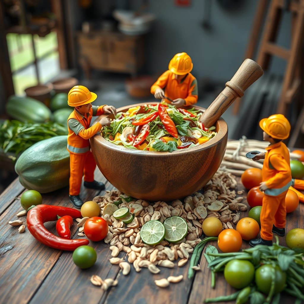 Miniature Workers Construct Giant Papaya Salad