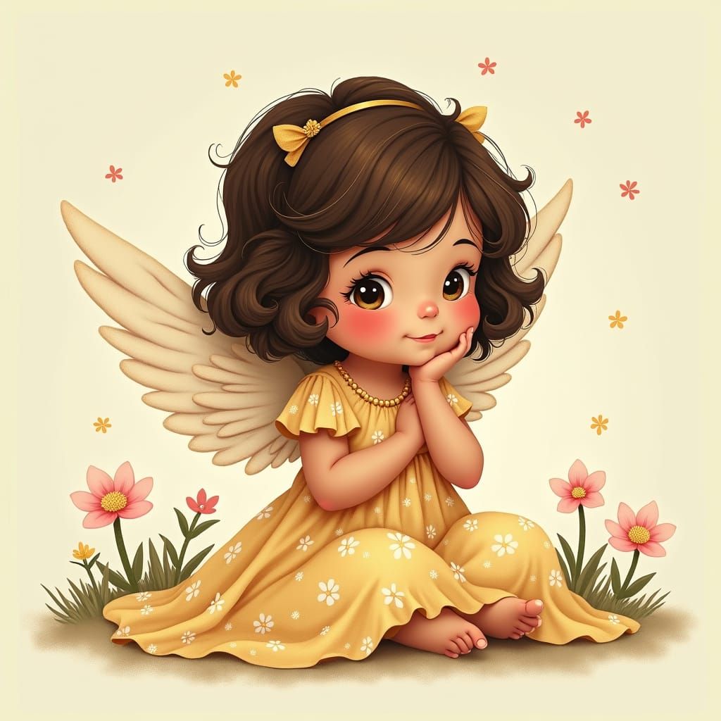 Sweet Angel in Floral Dress, Disney Style Illustration