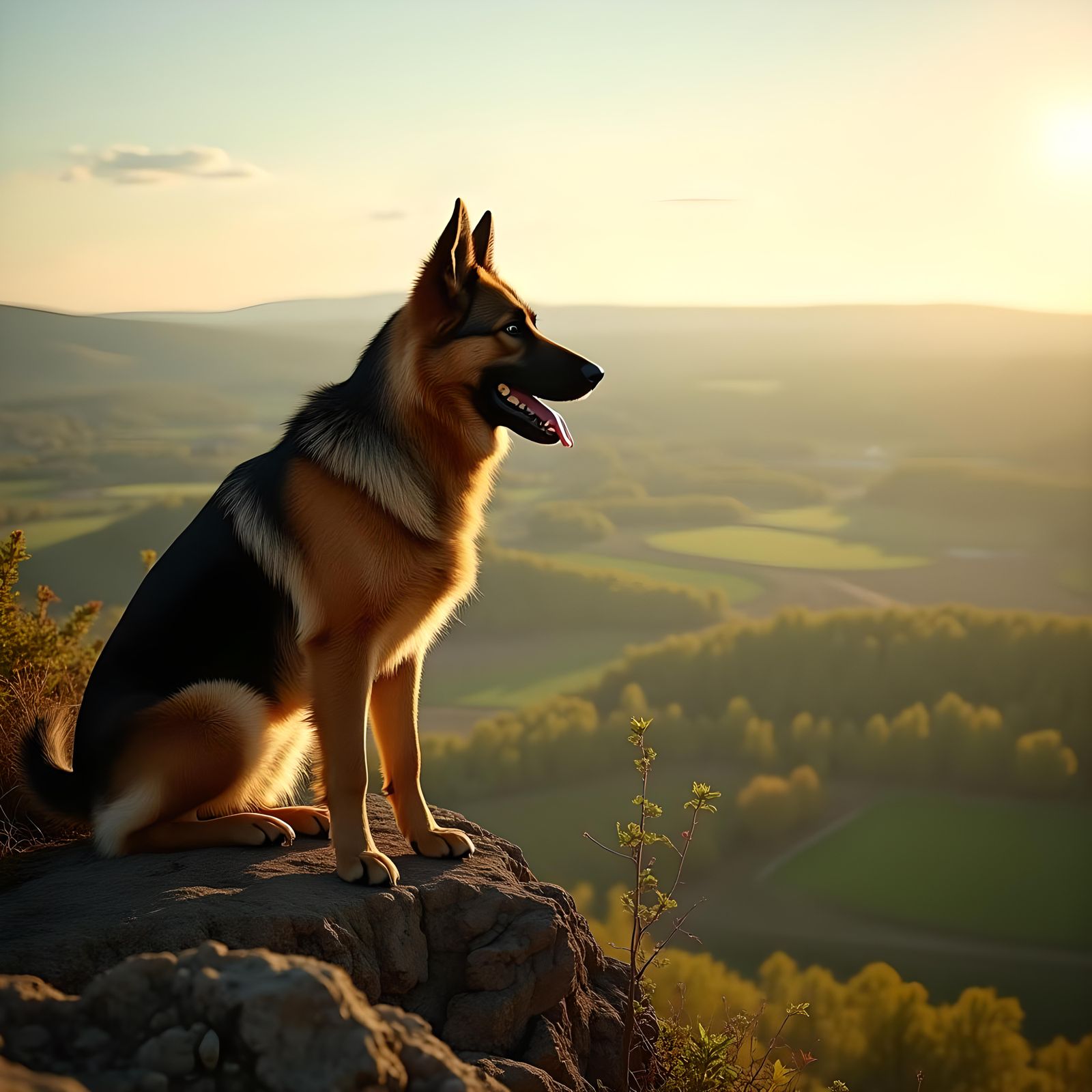 Happy German Shepherd Overlooking Farmland
