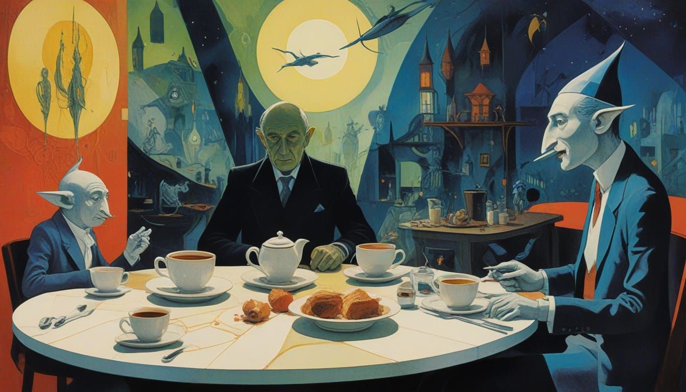 Surreal Coffee Dreamscape in Syd Mead's Futuristic Style