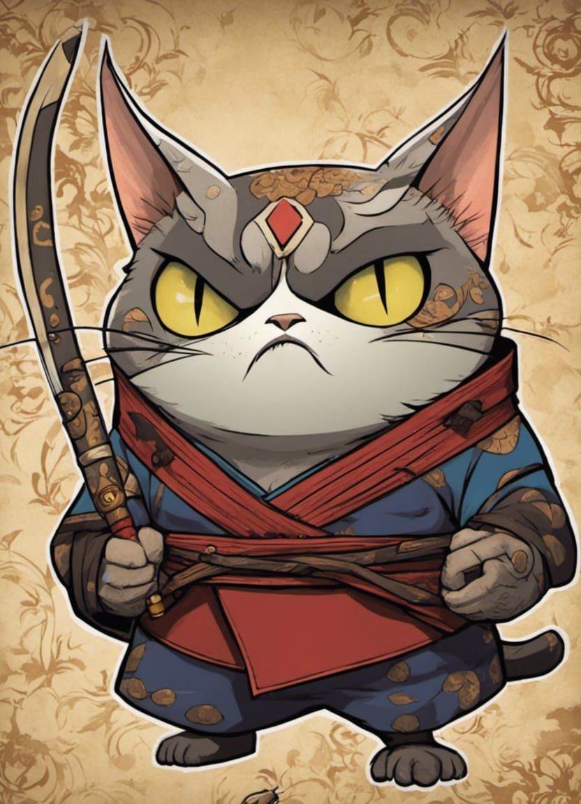 Samurai Cat in Inkpunk Cel-Shading Style