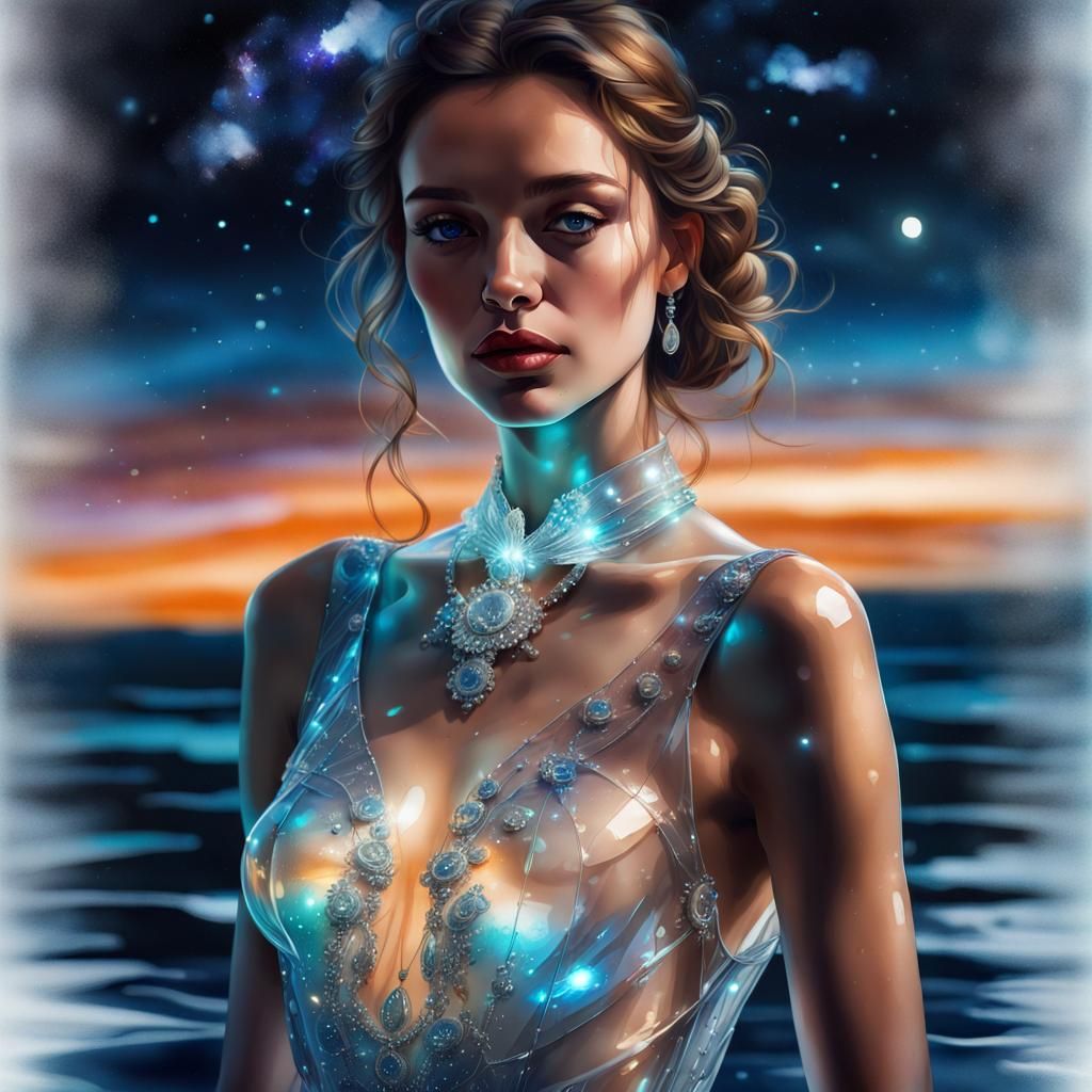 Glass Dress Portrait with Night Sky and Impasto Effect