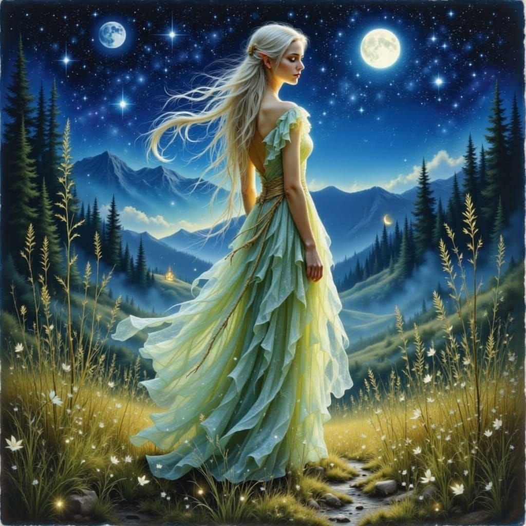 Magical Elf in Twilight Landscape with Two Moons