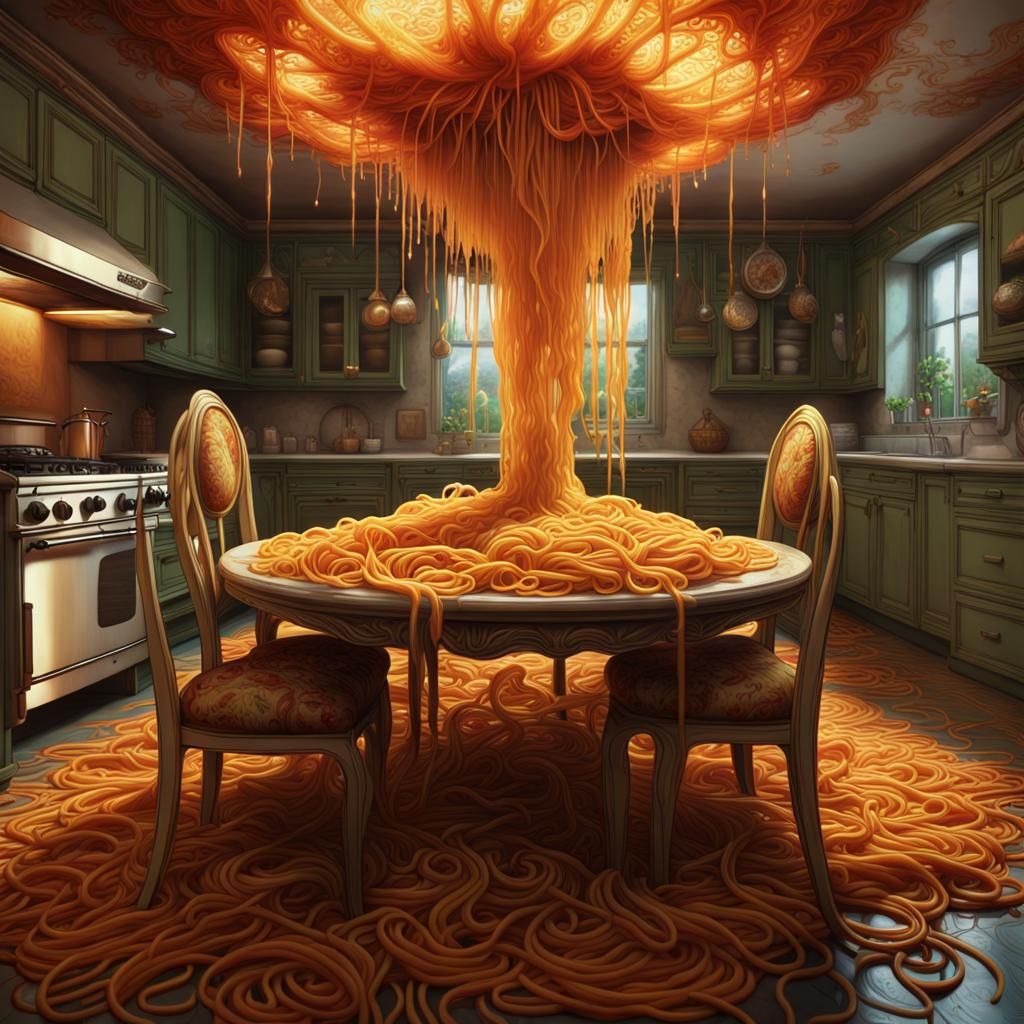 Messy Spaghetti Feast in Airbrush Art Style