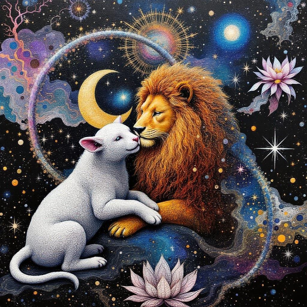 Surreal Lion, Lamb, and Lotus in Acrylic Pour