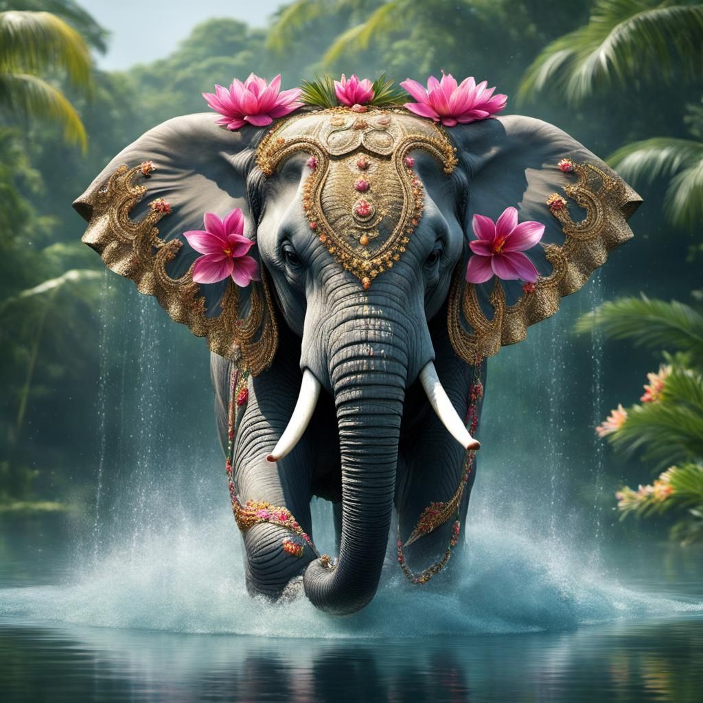 Elephant Bathes in Lake with Tropical Flowers