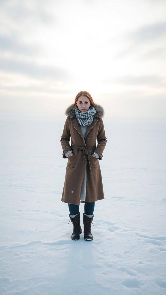 Woman in Winter Landscape with Uncanny Surreal Quality