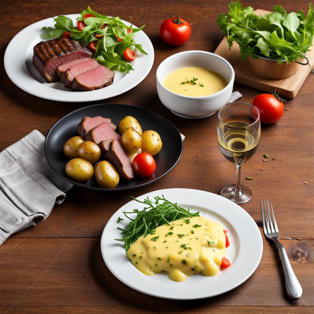 Beef, Potatoes, Béarnaise, and Tomato Salad