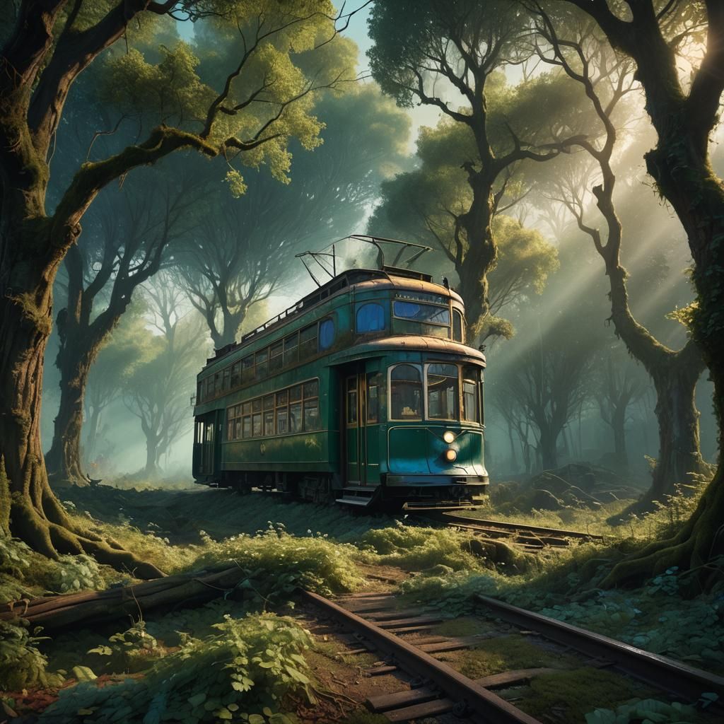 Misty Forest Tram in Digital Matte Painting