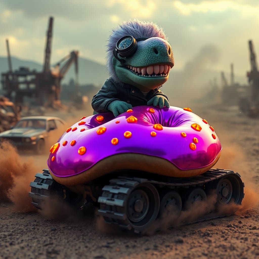 Chibi T-Rex Alien Races Through Wasteland in Cyberpunk Style