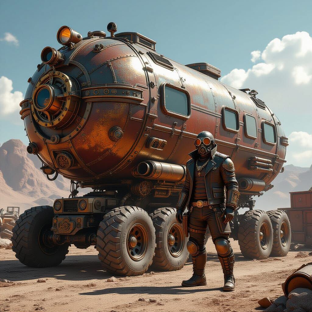 Steampunk RV Mechanic in Dystopian Desert Junkyard