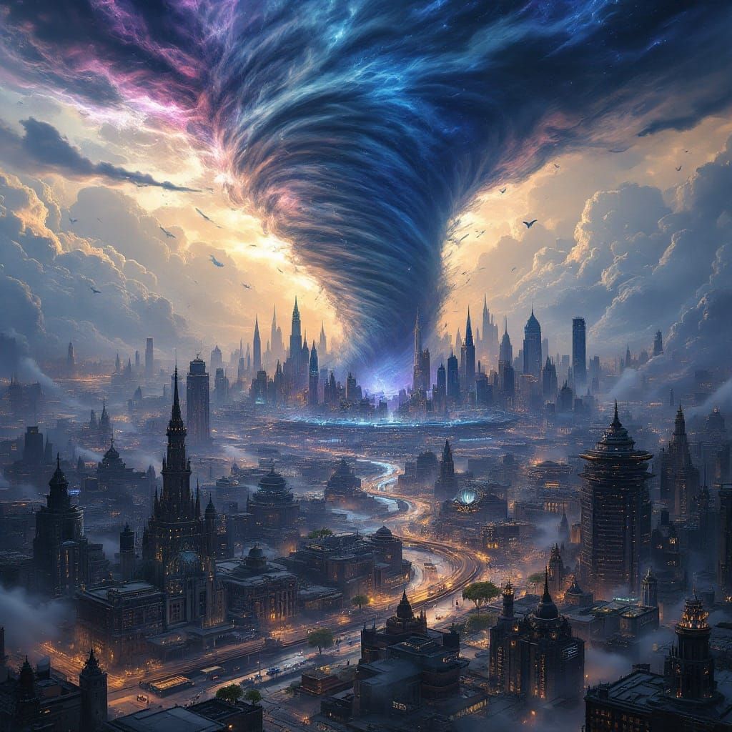 Apocalyptic Metropolis Engulfed by Reality-Shattering Tornad...