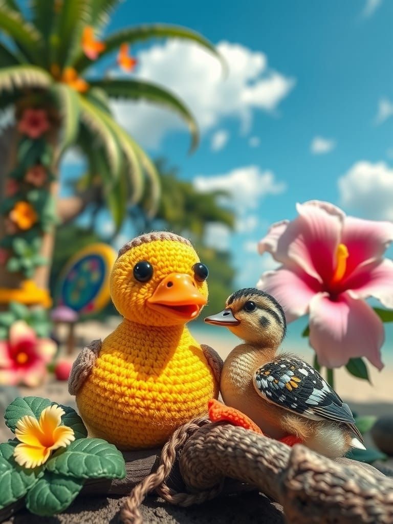 Klimt-Inspired Crochet Dove on Tropical Beach