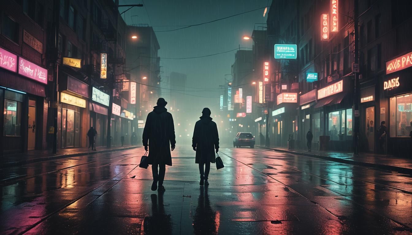 Neon Dreams: Surrealist Cityscape in Film Noir Style