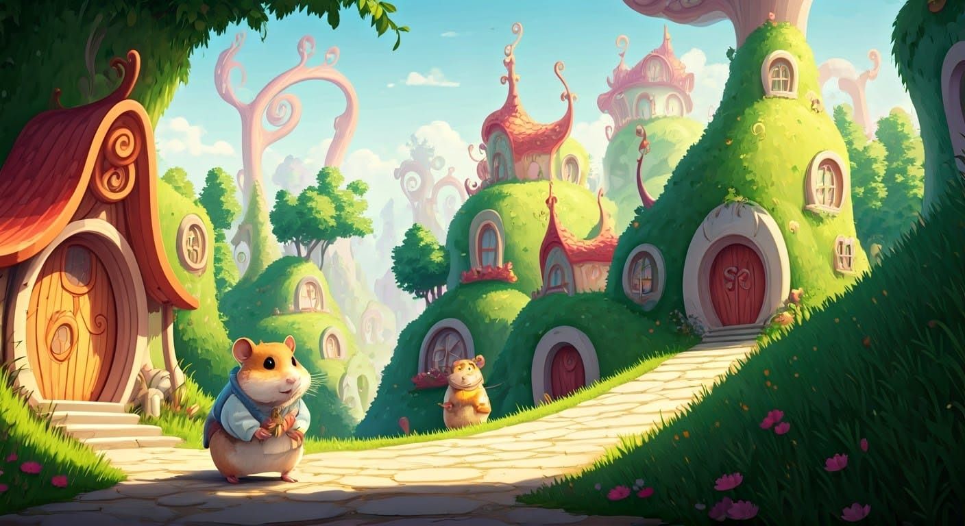 Whimsical Hamster Village in Vibrant, Fantastical Style