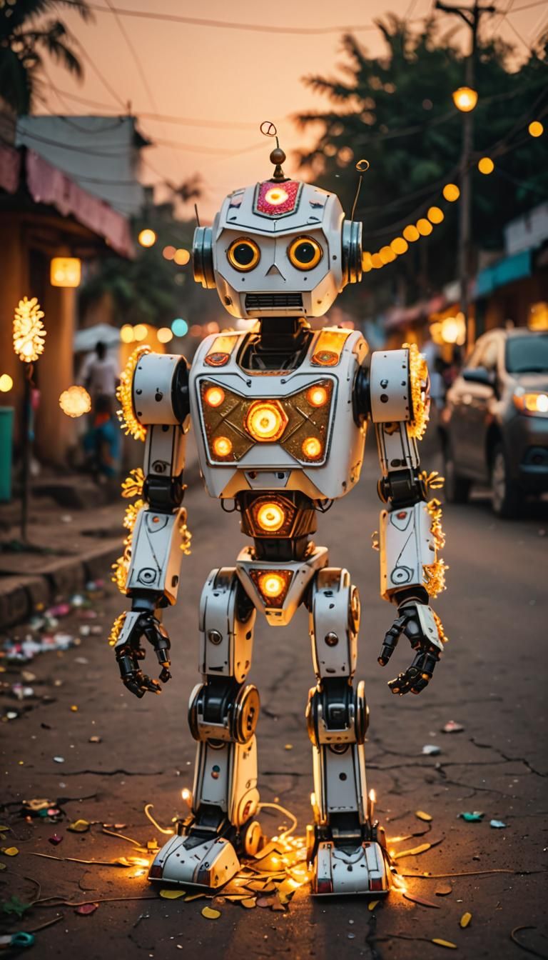 Robot Celebrates Diwali on Indian Roadside