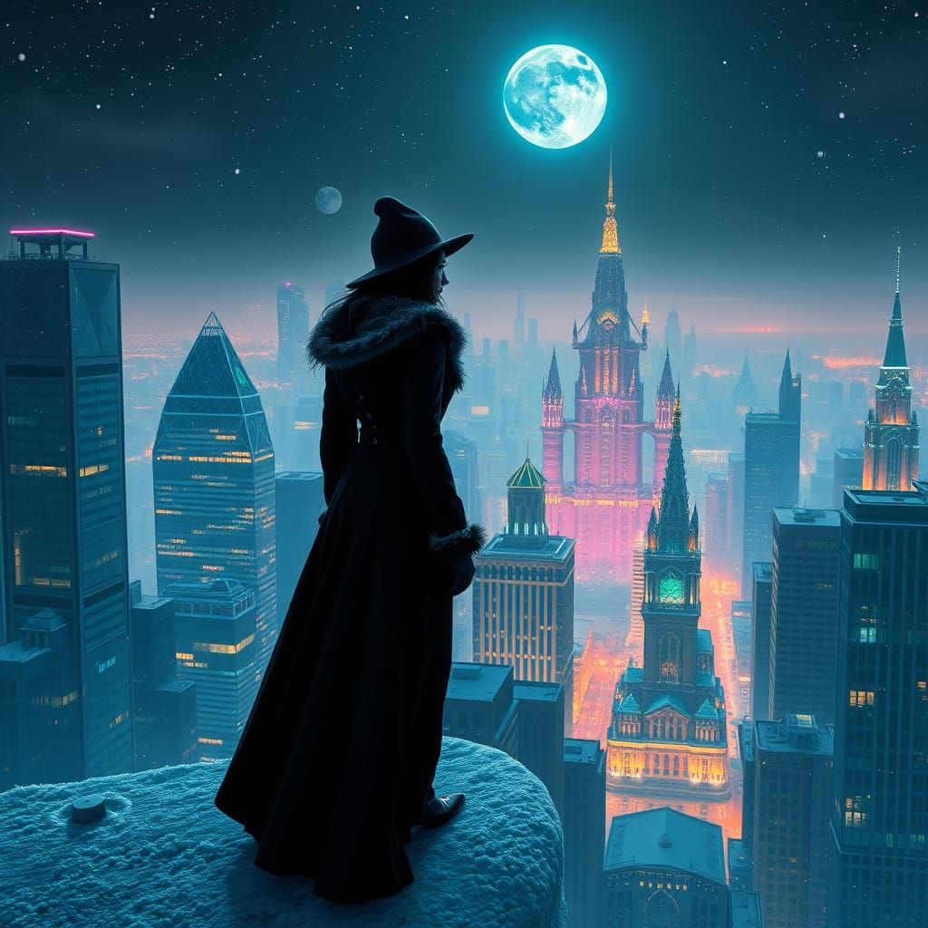 Ethereal Winter Solstice Goddess Embracing Neon-Noir Citysca...