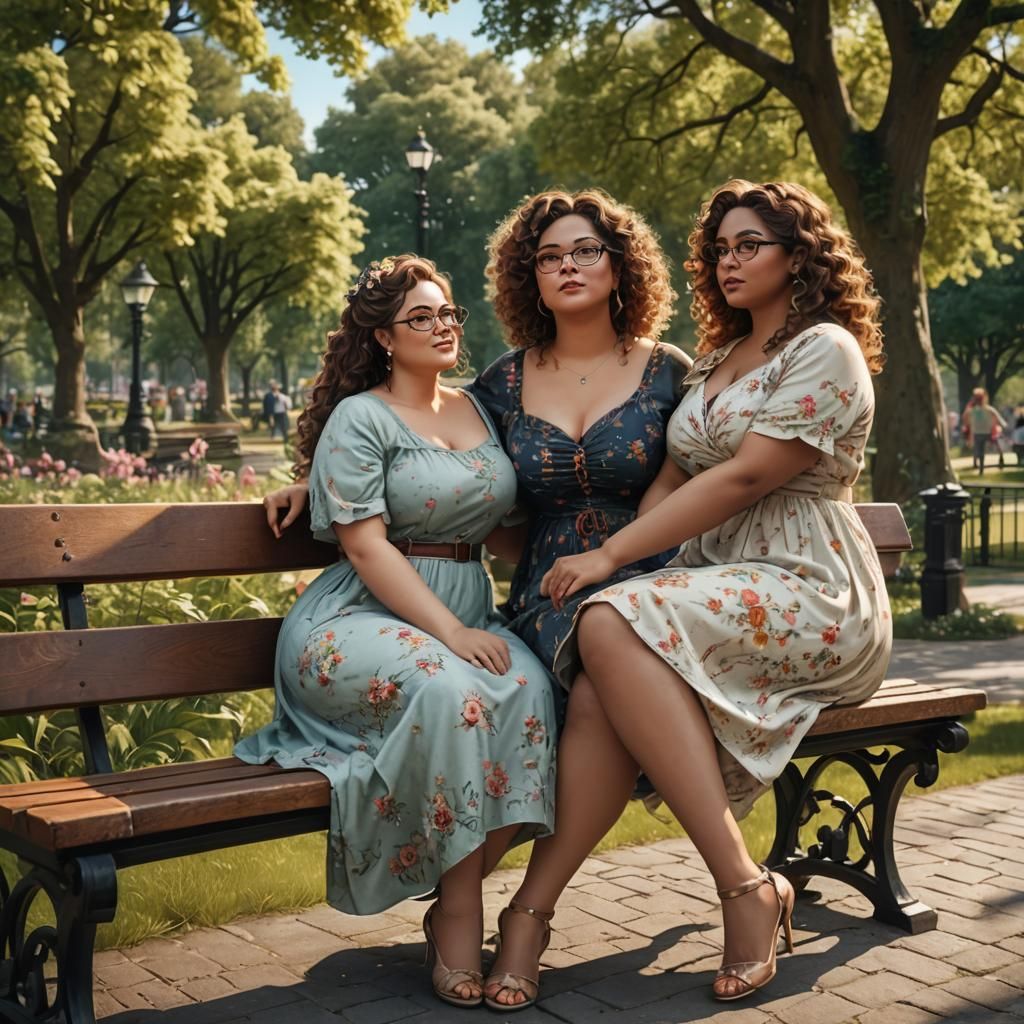 Curvy Women in Park: Detailed Matte Painting