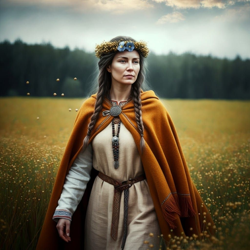 Lithuanian Goddess Alabatis in Flax Field