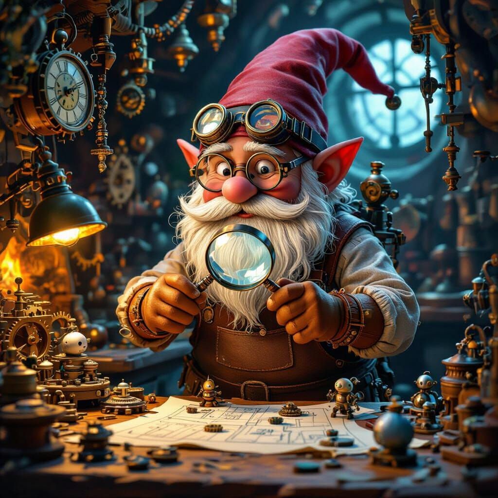 Gnome Tinkerer Adjusts Gear Amidst Clockwork Inventions
