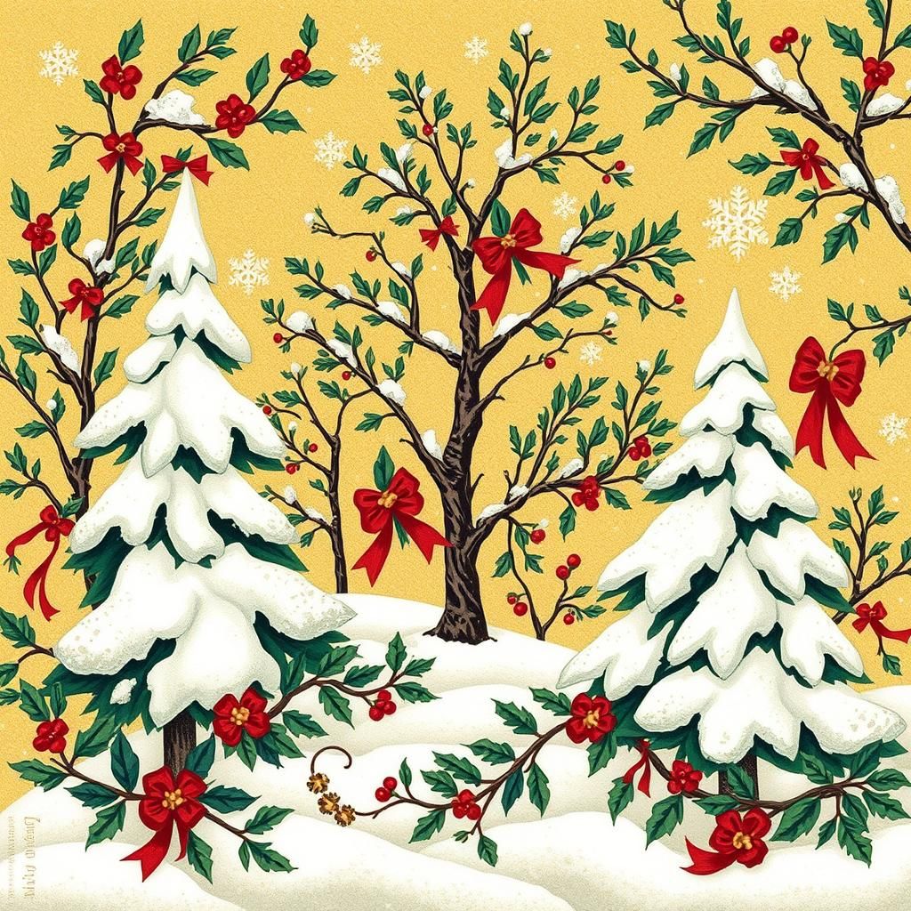 Festive Winter Landscape in Arts and Crafts Style