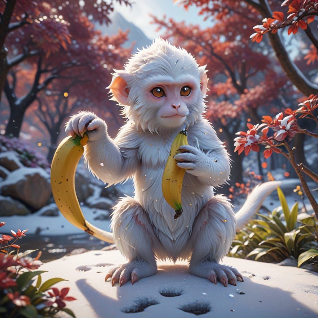 Surreal Winter Wonderland: Adorable White Monkey in 3D Anime...
