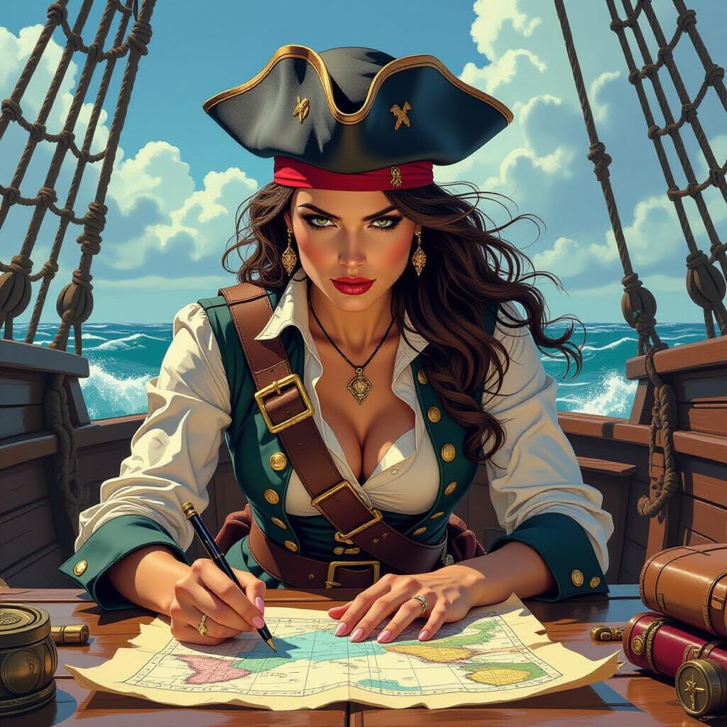 Pirate Captain Plans Ship Attack in Comic Art Style